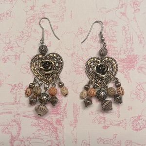 Metal Heart Rose Beads Dangle Earrings
